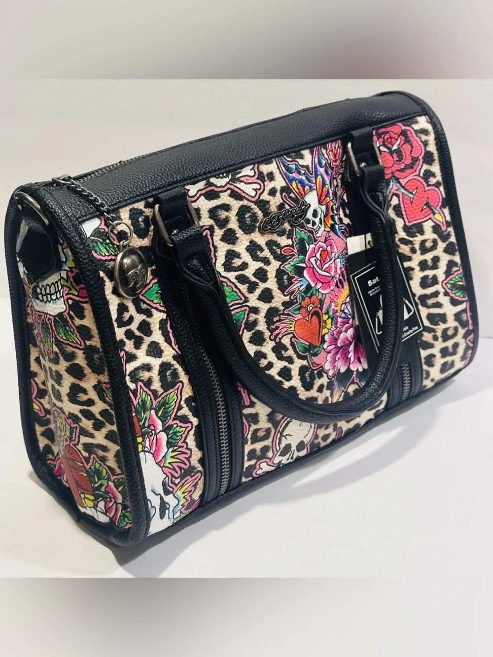 Ed Hardy Floral Skull Leopard Print Satchel - Handbag
